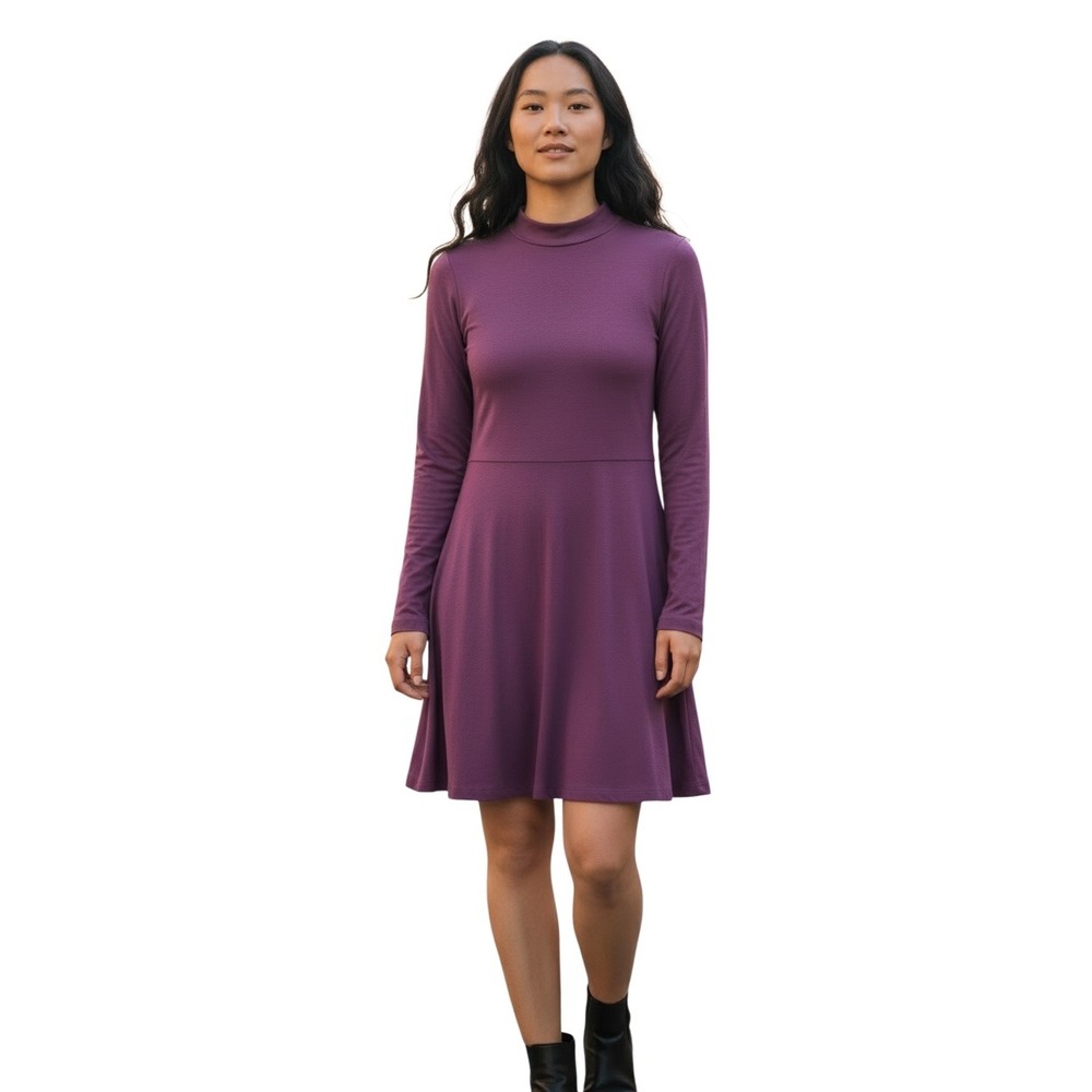 Vince Mock Neck Long Sleeve Fit &‎ Flare Dress Purple  NWT XS